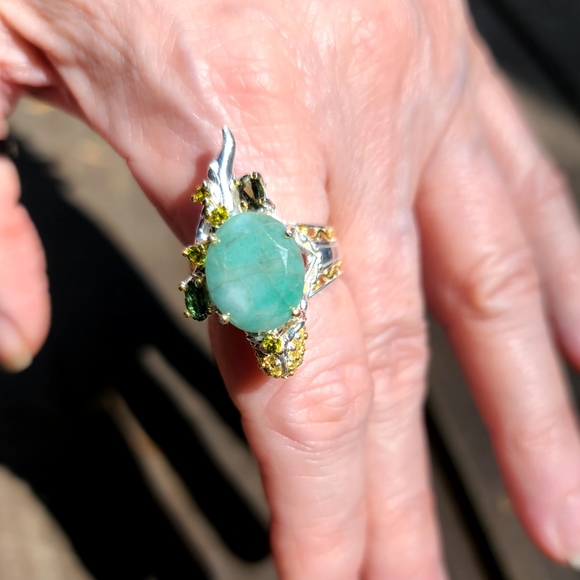 12k Emerald & Tourmaline Lizard 🦎 sterling &gold ring sz7.5 💍 - Picture 5 of 8